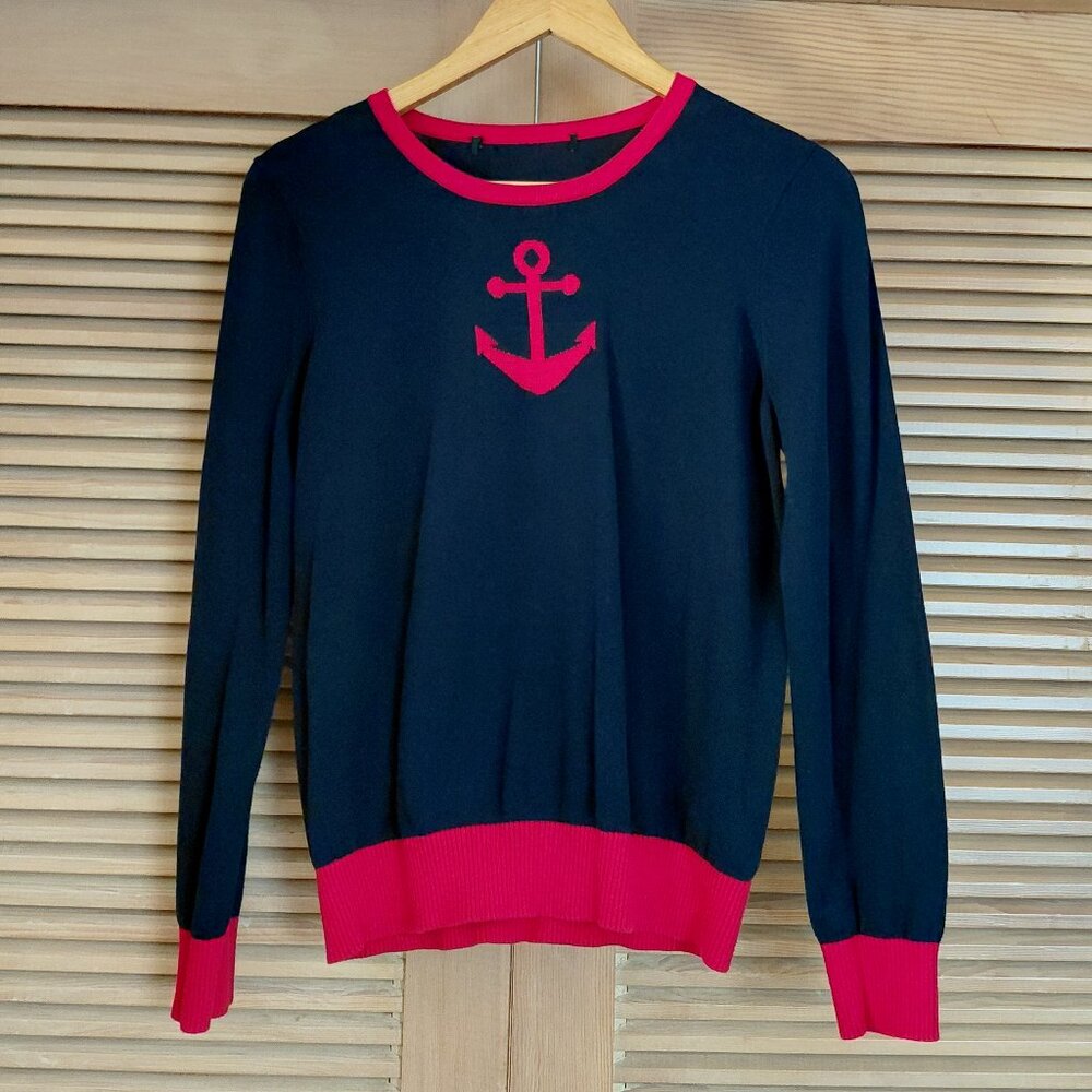 Vintage 00s Forever 21 Knit Sweater Navy Red Anchor Rockabilly Cotton Size M